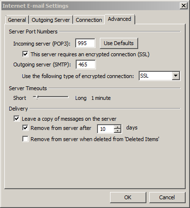 Secure SMTP and POP Settings for Outlook